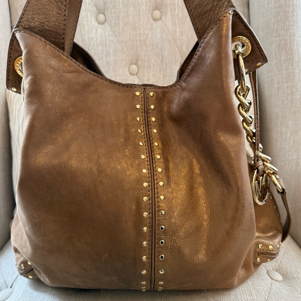 MICHAEL Michael Kors Delancy Studded Leather Hobo Bag Bronze Metallic - Picture 12 of 16
